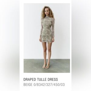 Zara Beige Draped Tulle Long Sleeve Dress